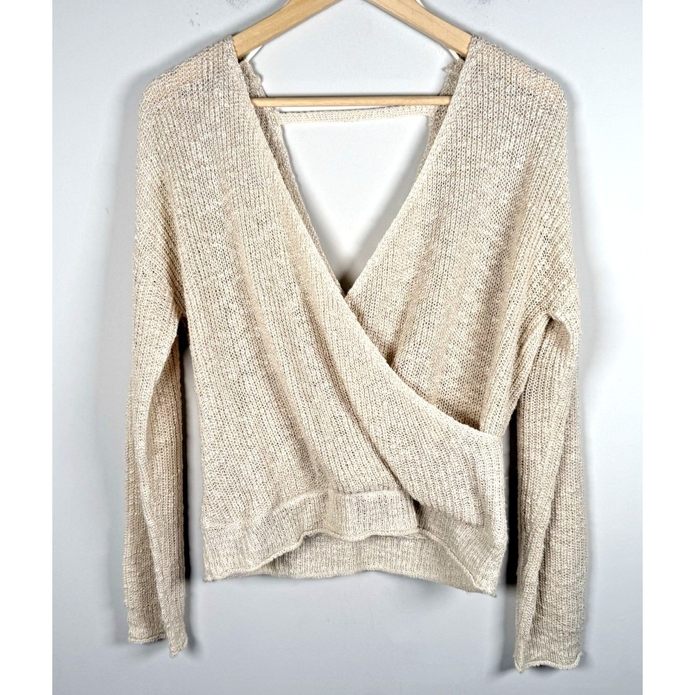 Solai Faux Wrap Sweater Pullover Oatmeal‎ Womens Size Small Knit V Neck
